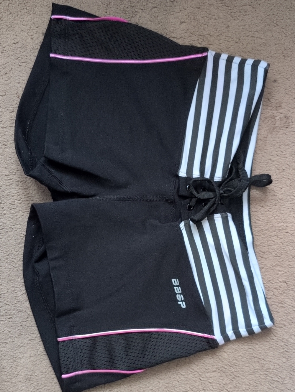 bebe Sport Black Athletic Shorts with Pink Piping and Striped Waistband